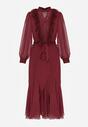 Bordowa Elegancka Sukienka z Bufiastymi Rękawami i Koronkowymi Falbankami Sewlina