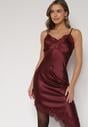 Bordowa Asymetryczna Sukienka z Satyny Ozdobiona Koronką Monivea