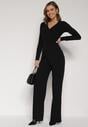 Czarny Bawełniany Komplet Kopertowa Bluzka z Długim Rękawem i Spodnie Ferenna