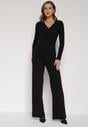 Czarny Bawełniany Komplet Kopertowa Bluzka z Długim Rękawem i Spodnie Ferenna