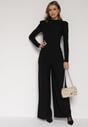 Czarny Elegancki Komplet Szerokie Spodnie i Bluzka z Usztywnianymi Ramionami Sewesta