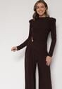 Brązowy Elegancki Komplet Szerokie Spodnie i Bluzka z Usztywnianymi Ramionami Sewesta