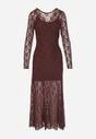 Brązowa Koronkowa Sukienka Taliowana z Odkrytymi Plecami Talifera