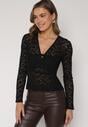 Czarna Koronkowa Bluzka z Długim Rękawem i Dekoltem w Serek Senafera
