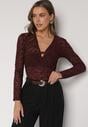 Bordowa Koronkowa Bluzka z Długim Rękawem i Dekoltem w Serek Senafera