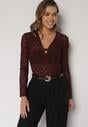 Bordowa Koronkowa Bluzka z Długim Rękawem i Dekoltem w Serek Senafera
