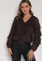 Brązowa Bluzka z Koronki Ozdobiona Falbankami Sewola
