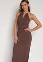 Brązowa Sukienka Koktajlowa z Dekoltem Halter i Odkrytymi Plecami Sewrina