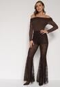 Brązowe Koronkowe Spodnie Dzwony z Wysokim Stanem Solifera