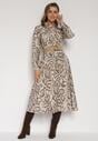 Beżowa Sukienka Koszulowa z Wiskozą Zdobiona Paskiem i Wzorem w Węża Delane