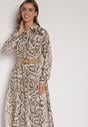 Beżowa Sukienka Koszulowa z Wiskozą Zdobiona Paskiem i Wzorem w Węża Delane