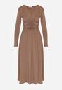 Brązowa Marszczona Sukienka Taliowana z Wiskozą z Dekoltem V i Długim Rękawem Emirie