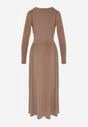 Brązowa Marszczona Sukienka Taliowana z Wiskozą z Dekoltem V i Długim Rękawem Emirie