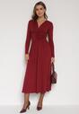Bordowa Marszczona Sukienka Taliowana z Wiskozą z Dekoltem V i Długim Rękawem Emirie