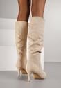 Beżowe Kozaki z Imitacji Zamszu na Szpilce z Marszczoną Cholewką Rilareia