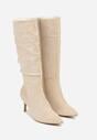 Beżowe Kozaki z Imitacji Zamszu na Szpilce z Marszczoną Cholewką Rilareia