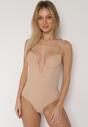 Beżowe Bieliźniane Body Modelujące z Wyciętym Dekoltem Theloria