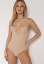 Beżowe Bieliźniane Body Modelujące z Wyciętym Dekoltem Theloria