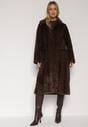 Brązowy Płaszcz Futerko o Kroju Oversize z Kieszeniami z Klapami Namys