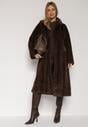Brązowy Płaszcz Futerko o Kroju Oversize z Kieszeniami z Klapami Namys