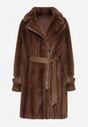 Brązowy Futrzany Płaszcz z Wiązanym Paskiem i Ozdobnymi Sprzączkami Felryna