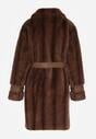 Brązowy Futrzany Płaszcz z Wiązanym Paskiem i Ozdobnymi Sprzączkami Felryna