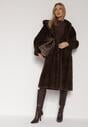 Brązowy Płaszcz Futerko w Pionowy Wzór z Kapturem Cahroris