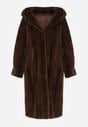 Brązowy Płaszcz Futerko w Pionowy Wzór z Kapturem Cahroris