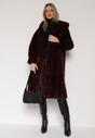 Bordowy Płaszcz Futerko w Pionowy Wzór z Kapturem Cahroris