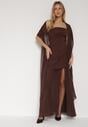 Brązowa Koktajlowa Sukienka z Odkrytymi Ramionami i Dodatkowym Szalem Krynaya
