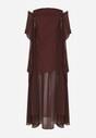 Brązowa Koktajlowa Sukienka z Odkrytymi Ramionami i Dodatkowym Szalem Krynaya