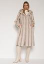 Jasnobeżowy Płaszcz Futerko w Pionowy Wzór z Kapturem Cahroris
