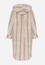 Jasnobeżowy Płaszcz Futerko w Pionowy Wzór z Kapturem Cahroris