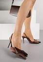 Brązowe Satynowe Sandały na Szpilce z Odkrytą Piętą i Kokardą Shiriniana