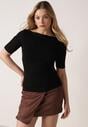 Czarny Wiskozowy T-shirt o Dopasowanym Kroju z Dekoltem w Łódkę Idahphaeia