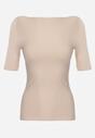 Beżowy Wiskozowy T-shirt o Dopasowanym Kroju z Dekoltem w Łódkę Idahphaeia