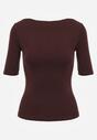 Brązowy Wiskozowy T-shirt o Dopasowanym Kroju z Dekoltem w Łódkę Idahphaeia