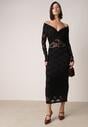 Czarna Dopasowana Sukienka Koronkowa z Odkrytymi Ramionami i Węzłem Serehaneh