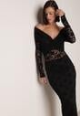 Czarna Dopasowana Sukienka Koronkowa z Odkrytymi Ramionami i Węzłem Serehaneh