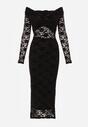 Czarna Dopasowana Sukienka Koronkowa z Odkrytymi Ramionami i Węzłem Serehaneh