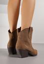 Brązowe Skórzane Botki Kowbojki na Stożkowym Obcasie Elinyra