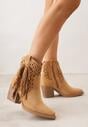 Brązowe Botki Kowbojki na Stożkowym Obcasie z Ażurowym Wzorem i Eathetina