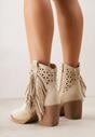 Beżowe Botki Kowbojki na Stożkowym Obcasie z Ażurowym Wzorem i Eathetina