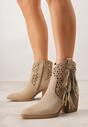 Ciemnobeżowe Botki Kowbojki na Stożkowym Obcasie z Ażurowym Wzorem i Eathetina
