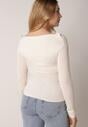 Beżowy Bluzka z Bawełną Dekoltem Typu Łódka i Marszczeniem  Typhatos