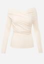 Beżowy Bluzka z Bawełną Dekoltem Typu Łódka i Marszczeniem  Typhatos