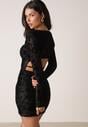 Czarna Dopasowana Sukienka VICES z Wiązaniem i Welurowym Wzorem Thessadenah