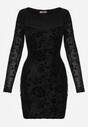 Czarna Dopasowana Sukienka VICES z Wiązaniem i Welurowym Wzorem Thessadenah