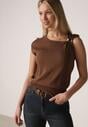 Brązowa Dzianinowa Bluzka z Wiskozy Bez Rękawów z Biżuteryjną Aplikacją Orinera