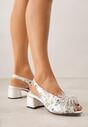 Białe Sandały na Obcasie ze Skórzaną Wkładką Ozdobione Pomponem Nelreris